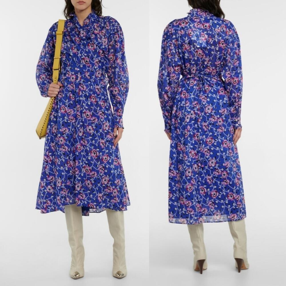 ISABEL MARANT ETOILE Maelys Wrap Midi Dress Floral Blue Ruffle Tapestry Wedding